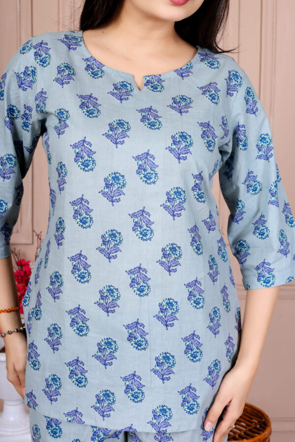 Ausuda Women Pure Cotton Printed Co-Ord Set | Sky Blue Casual Top & Pant Set