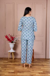 Ausuda Women Pure Cotton Printed Co-Ord Set | Sky Blue Casual Top & Pant Set