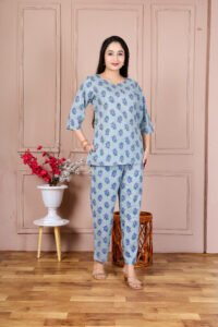 Ausuda Women Pure Cotton Printed Co-Ord Set | Sky Blue Casual Top & Pant Set
