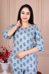 Ausuda Women Pure Cotton Printed Co-Ord Set | Sky Blue Casual Top & Pant Set
