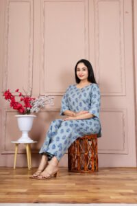 Ausuda Women Pure Cotton Printed Co-Ord Set | Sky Blue Casual Top & Pant Set