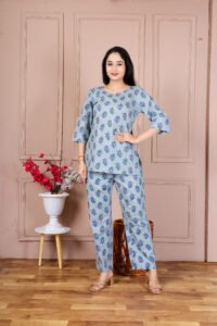 Ausuda Women Pure Cotton Printed Co-Ord Set | Sky Blue Casual Top & Pant Set