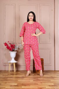 Ausuda Women Pure Cotton Printed Co-Ord Set | Pink Casual Top & Pant Set