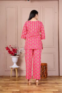 Ausuda Women Pure Cotton Printed Co-Ord Set | Pink Casual Top & Pant Set