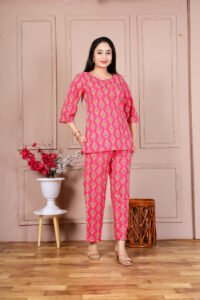 Ausuda Women Pure Cotton Printed Co-Ord Set | Pink Casual Top & Pant Set