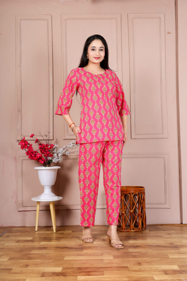 ASD-Cord_608Pink-C Ausuda Women Pure Cotton Printed Co-Ord Set | Pink Casual Top & Pant Set