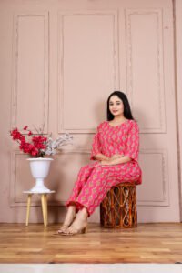 Ausuda Women Pure Cotton Printed Co-Ord Set | Pink Casual Top & Pant Set