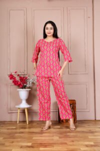Ausuda Women Pure Cotton Printed Co-Ord Set | Pink Casual Top & Pant Set