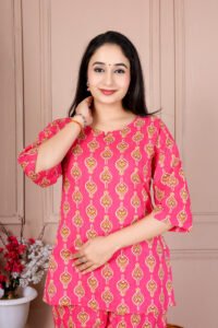 Ausuda Women Pure Cotton Printed Co-Ord Set | Pink Casual Top & Pant Set