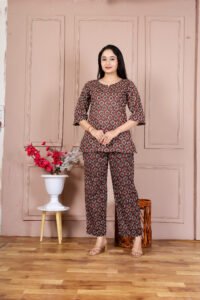 Ausuda Women Pure Cotton Printed Co-Ord Set | Brown Ethnic Casual Top & Pant Set