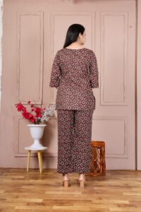 Ausuda Women Pure Cotton Printed Co-Ord Set | Brown Ethnic Casual Top & Pant Set