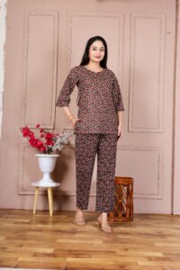 Ausuda Women Pure Cotton Printed Co-Ord Set | Brown Ethnic Casual Top & Pant Set