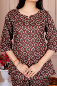 Ausuda Women Pure Cotton Printed Co-Ord Set | Brown Ethnic Casual Top & Pant Set
