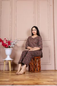 Ausuda Women Pure Cotton Printed Co-Ord Set | Brown Ethnic Casual Top & Pant Set