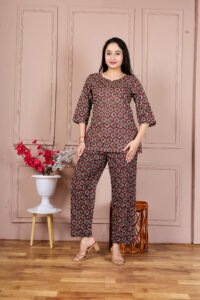 Ausuda Women Pure Cotton Printed Co-Ord Set | Brown Ethnic Casual Top & Pant Set