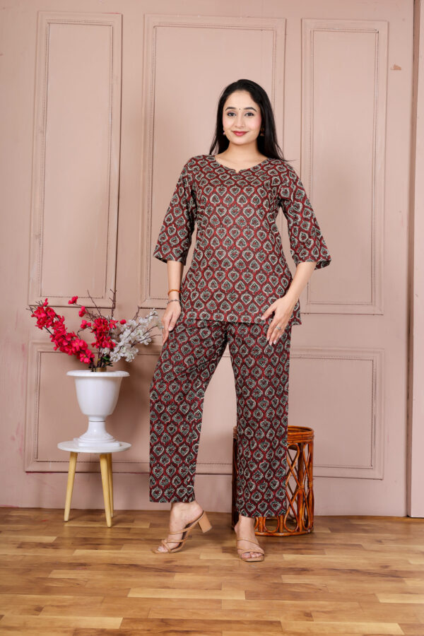 Ausuda Women Pure Cotton Printed Co-Ord Set | Brown Ethnic Casual Top & Pant Set