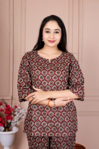 Ausuda Women Pure Cotton Printed Co-Ord Set | Brown Ethnic Casual Top & Pant Set