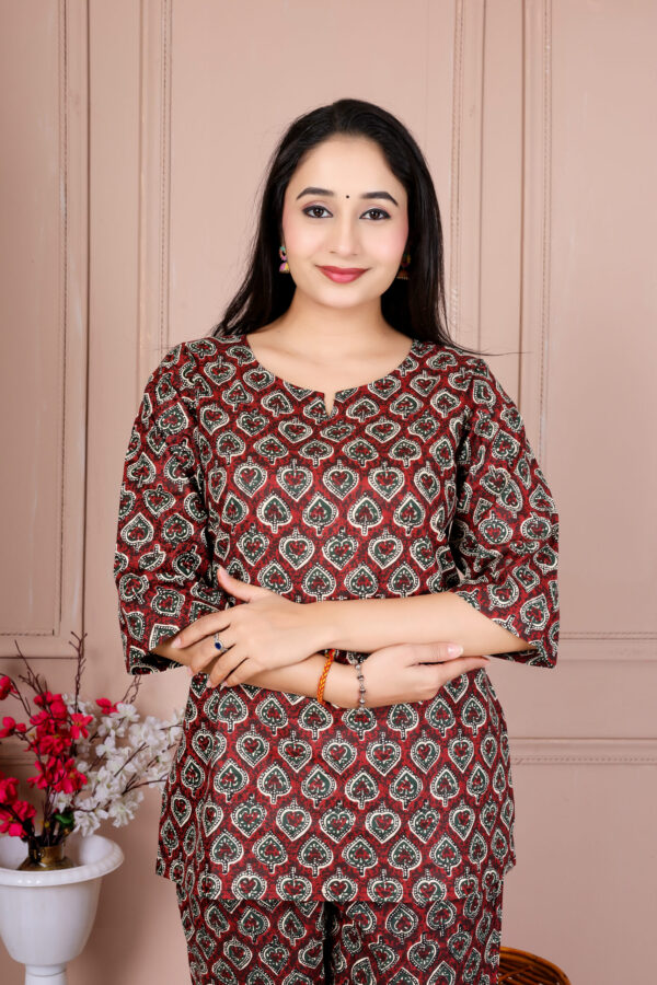 Ausuda Women Pure Cotton Printed Co-Ord Set | Brown Ethnic Casual Top & Pant Set