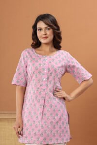 Ausuda Women Pure Cotton Pink Floral Printed Short Kurti | Casual Ethnic Wear for Everyday Comfort