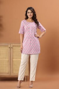 Ausuda Women Pure Cotton Pink Floral Printed Short Kurti | Casual Ethnic Wear for Everyday Comfort