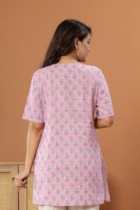 Ausuda Women Pure Cotton Pink Floral Printed Short Kurti | Casual Ethnic Wear for Everyday Comfort