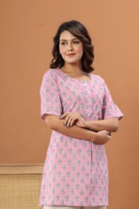 Ausuda Women Pure Cotton Pink Floral Printed Short Kurti | Casual Ethnic Wear for Everyday Comfort