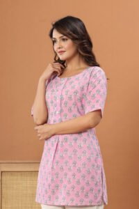 Ausuda Women Pure Cotton Pink Floral Printed Short Kurti | Casual Ethnic Wear for Everyday Comfort
