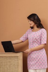 Ausuda Women Pure Cotton Pink Floral Printed Short Kurti | Casual Ethnic Wear for Everyday Comfort