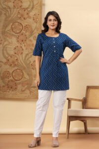 Ausuda Women Pure Cotton Blue Geometric Printed Short Kurti | Casual Ethnic Wear for Everyday Comfort