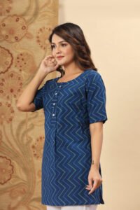 Ausuda Women Pure Cotton Blue Geometric Printed Short Kurti | Casual Ethnic Wear for Everyday Comfort