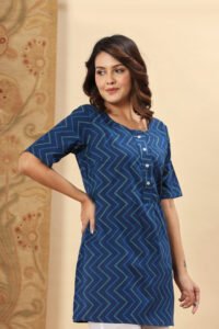 Ausuda Women Pure Cotton Blue Geometric Printed Short Kurti | Casual Ethnic Wear for Everyday Comfort