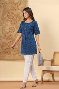 Ausuda Women Pure Cotton Blue Geometric Printed Short Kurti | Casual Ethnic Wear for Everyday Comfort