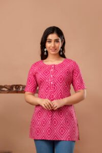 Ausuda Women Pure Cotton Pink Geometric Printed Short Kurti | Casual Ethnic Wear for Everyday Comfort