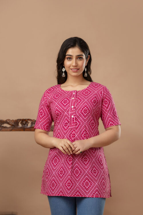 Ausuda Women Pure Cotton Pink Geometric Printed Short Kurti | Casual Ethnic Wear for Everyday Comfort