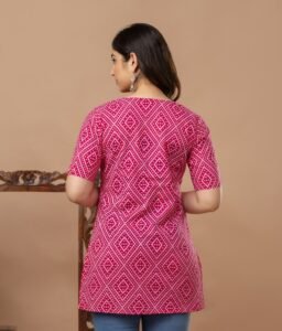 Ausuda Women Pure Cotton Pink Geometric Printed Short Kurti | Casual Ethnic Wear for Everyday Comfort
