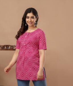 Ausuda Women Pure Cotton Pink Geometric Printed Short Kurti | Casual Ethnic Wear for Everyday Comfort
