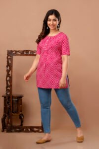 Ausuda Women Pure Cotton Pink Geometric Printed Short Kurti | Casual Ethnic Wear for Everyday Comfort