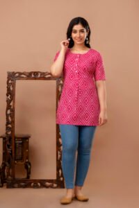 Ausuda Women Pure Cotton Pink Geometric Printed Short Kurti | Casual Ethnic Wear for Everyday Comfort