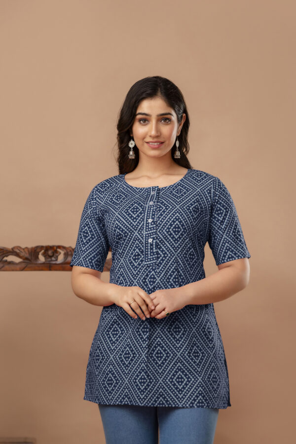 Ausuda Women Pure Cotton Navy Blue Geometric Printed Short Kurti | Casual Ethnic Wear for Everyday Comfort