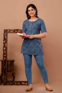 Ausuda Women Pure Cotton Navy Blue Geometric Printed Short Kurti | Casual Ethnic Wear for Everyday Comfort