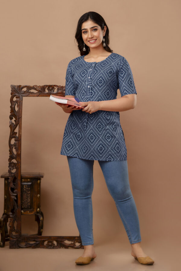 Ausuda Women Pure Cotton Navy Blue Geometric Printed Short Kurti | Casual Ethnic Wear for Everyday Comfort