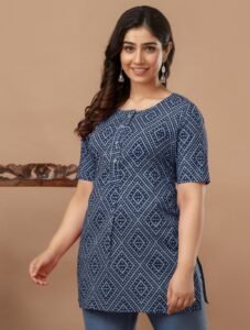 Ausuda Women Pure Cotton Navy Blue Geometric Printed Short Kurti | Casual Ethnic Wear for Everyday Comfort
