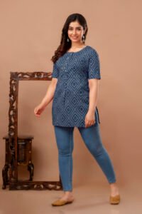 Ausuda Women Pure Cotton Navy Blue Geometric Printed Short Kurti | Casual Ethnic Wear for Everyday Comfort