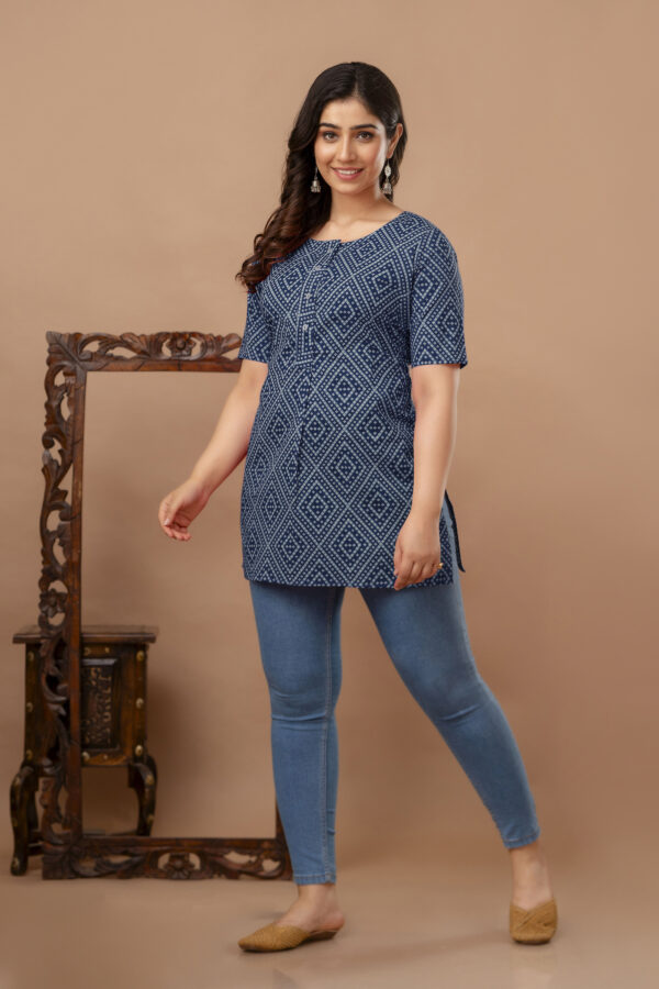 Ausuda Women Pure Cotton Navy Blue Geometric Printed Short Kurti | Casual Ethnic Wear for Everyday Comfort