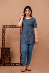 Ausuda Women Pure Cotton Navy Blue Geometric Printed Short Kurti | Casual Ethnic Wear for Everyday Comfort