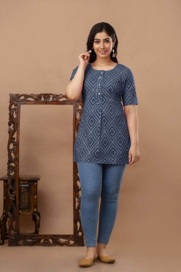 Ausuda Women Pure Cotton Navy Blue Geometric Printed Short Kurti | Casual Ethnic Wear for Everyday Comfort