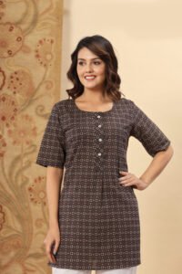 Ausuda Women Pure Cotton Brown Ethnic Printed Short Kurti | Casual Ethnic Wear for Everyday Comfort