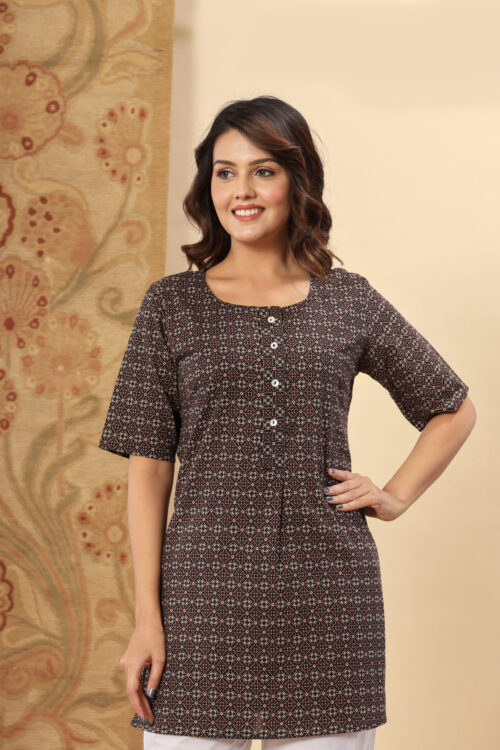 Ausuda Women Pure Cotton Brown Ethnic Printed Short Kurti | Casual Ethnic Wear for Everyday Comfort