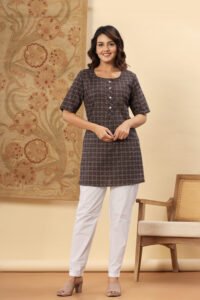 Ausuda Women Pure Cotton Brown Ethnic Printed Short Kurti | Casual Ethnic Wear for Everyday Comfort