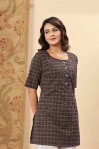 Ausuda Women Pure Cotton Brown Ethnic Printed Short Kurti | Casual Ethnic Wear for Everyday Comfort
